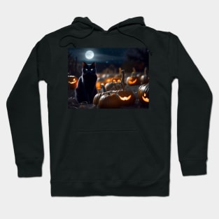 Black cat in pumpkin patch on Halloween night Hoodie